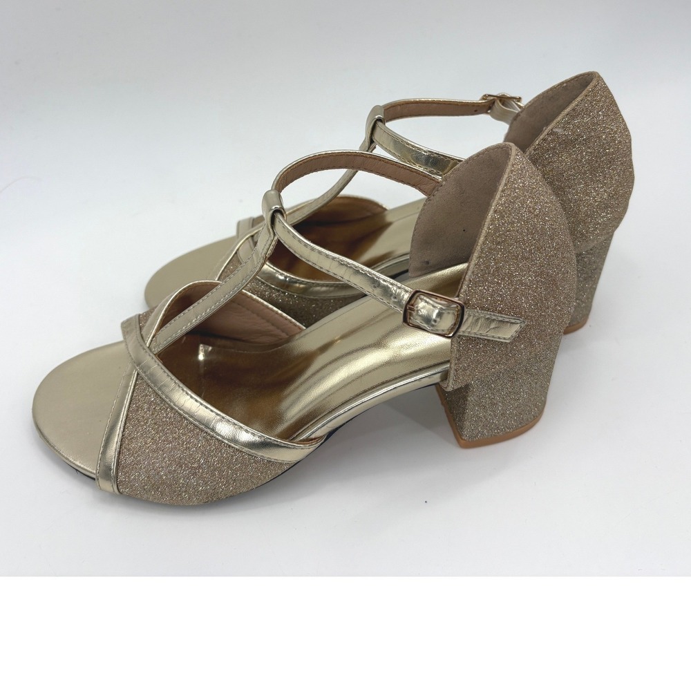 Gold Glitter T-Strap Block Heel Sandals Open Toe Ankle Strap EU 36 US 5.5-6